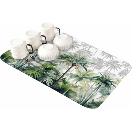 

Green Tropical Dish Drying Mat for Kitchen Counter Absorbent Quick Dry Coffee Bar Mat Pad Thin Diatomaceous Sink Mat Dish Drainer Mat 23.5x15.5 Summer Palm Coconut Tree Coconut Plant Beach Watercolor