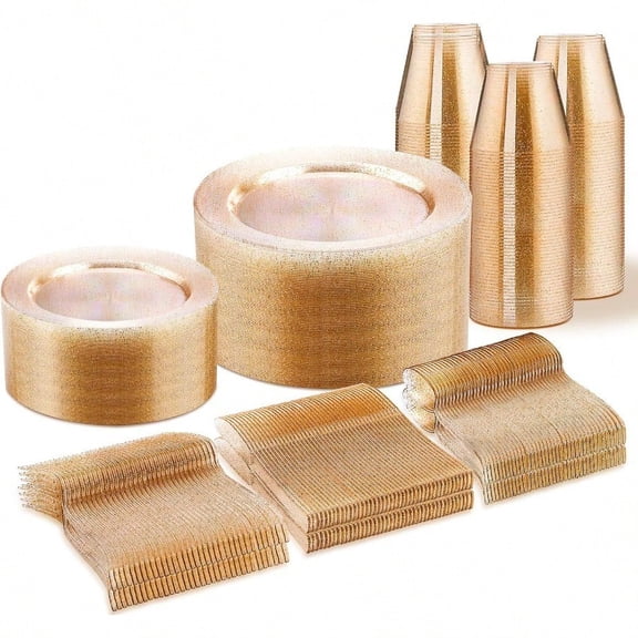 300 PCS Gold Glitter Dinnerware Set For 50 Guests Disposable Plastic Plates For Party 50 Dinner Plates 50 Salad Plates 50 Cups Forks Knives Spoons For Wedding And Party Supplies