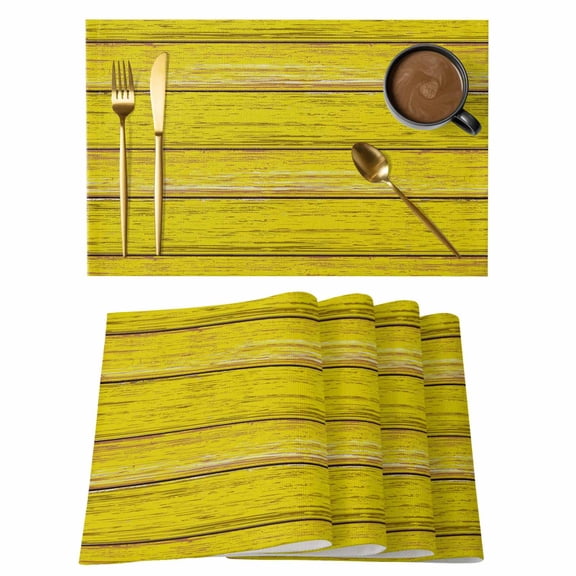 Yellow Wooden Grain Placemats Set of 12, Country Shabby Planks Rural Placemats for Dining Table, Place Mats for Kitchen Tabletop, Waterproof Wipeable Dining Table Mats Set