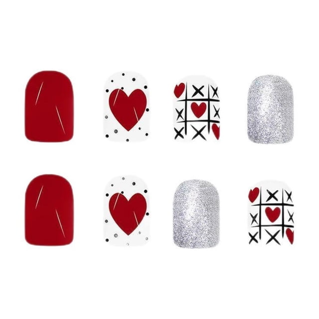 Uñas Cortas Cuadradas Brillantes Color Dulce Corazón Diseño 24 Piezas Wearable Nails Art