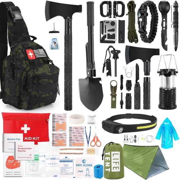 Survival Kit, 268 Pcs Emergency Survival Gear and Equipment Supplies with First Aid Kit, Camping Axe, Headlamp, Crossbody Bag for Camping Hiking, Hunting, Gift for Christmas Men, Dads, Black Como