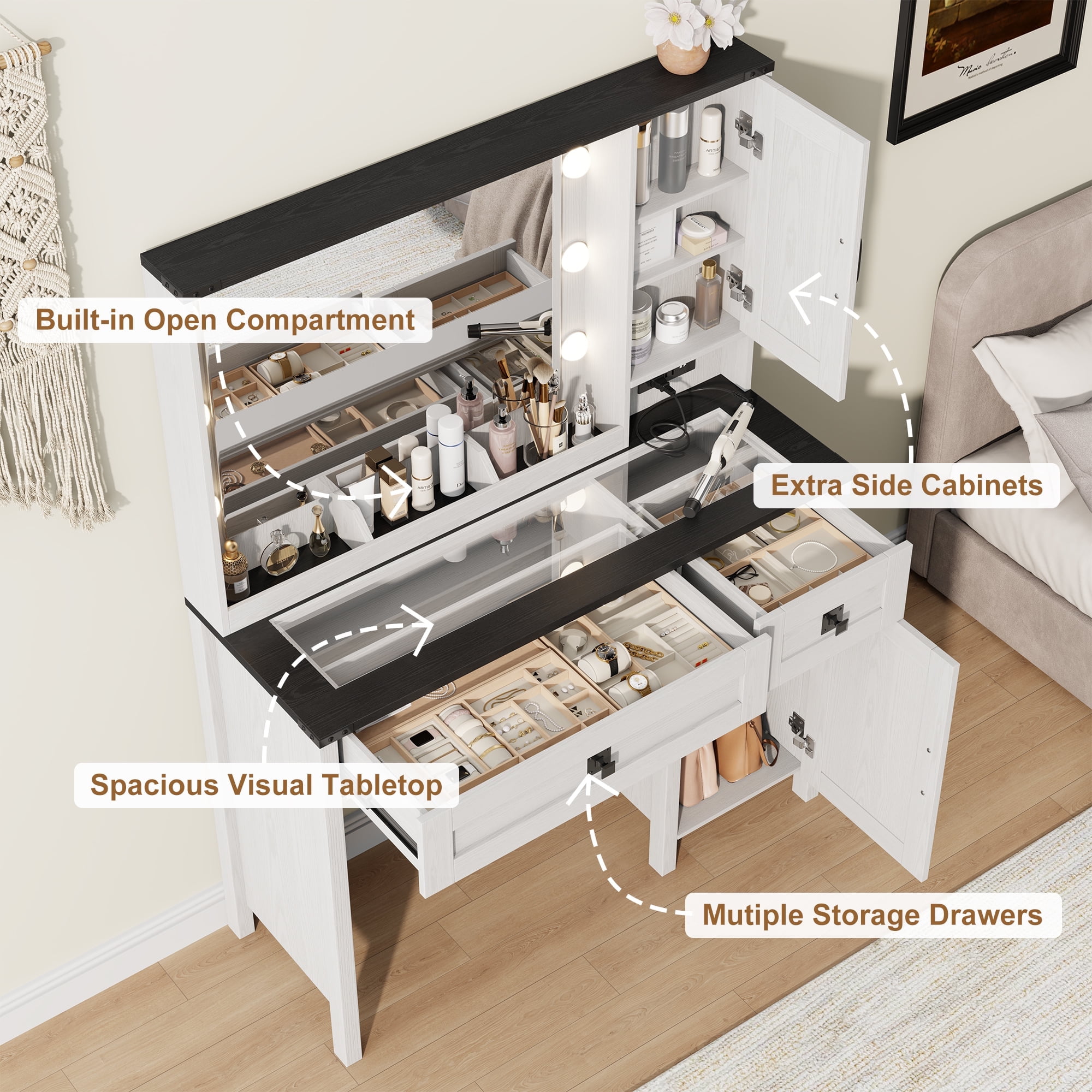 GIKPAL Vanity Set with Mirror & Lights, Get Ready Station Vanity with Storage Drawers & Glass Top, Farmhouse Vanity Desk with Power Strip, White