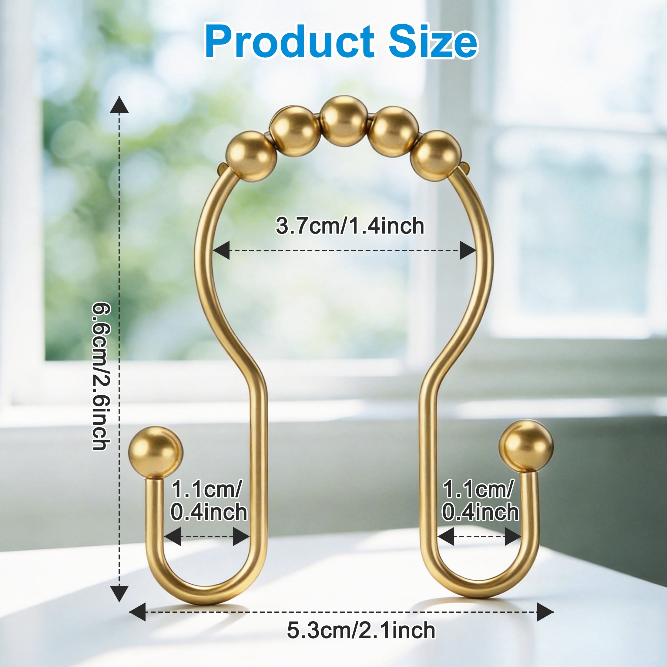 Shower Curtain Hooks, Rustproof Metal Double Sided Shower Curtain Rings with Beaded Rollers, No Drill Shower Hooks for Bathroom Curtain Rods, Set of 12