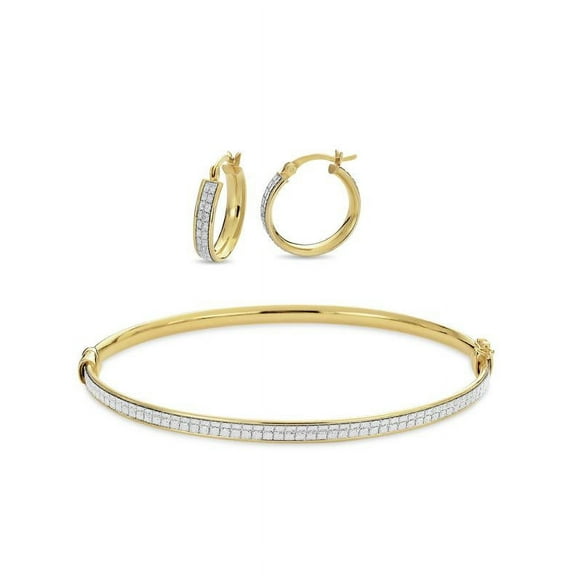 18k Gold Over Sterling Silver Glitter Hoop Earrings And Bangle Set