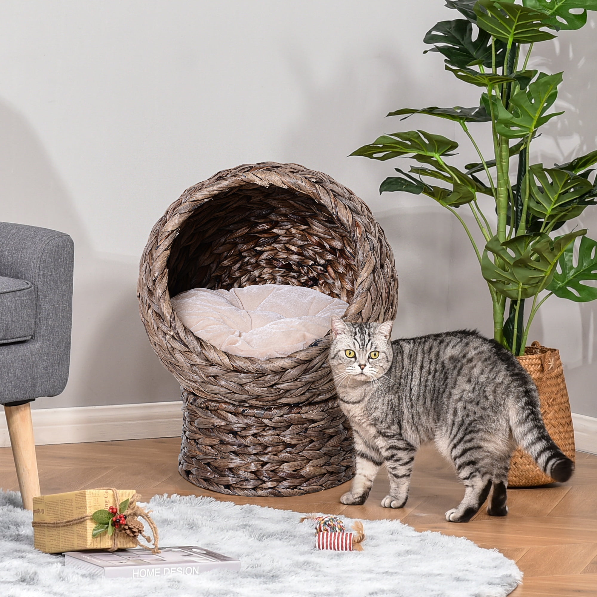 Elevated Cat Bed with Soft Cushion & Cat Egg Chair Shape, Cat Basket Bed Kitty House with Stand, Raised Wicker Cat Bed for Indoor Cats, 23.5" H, Gray