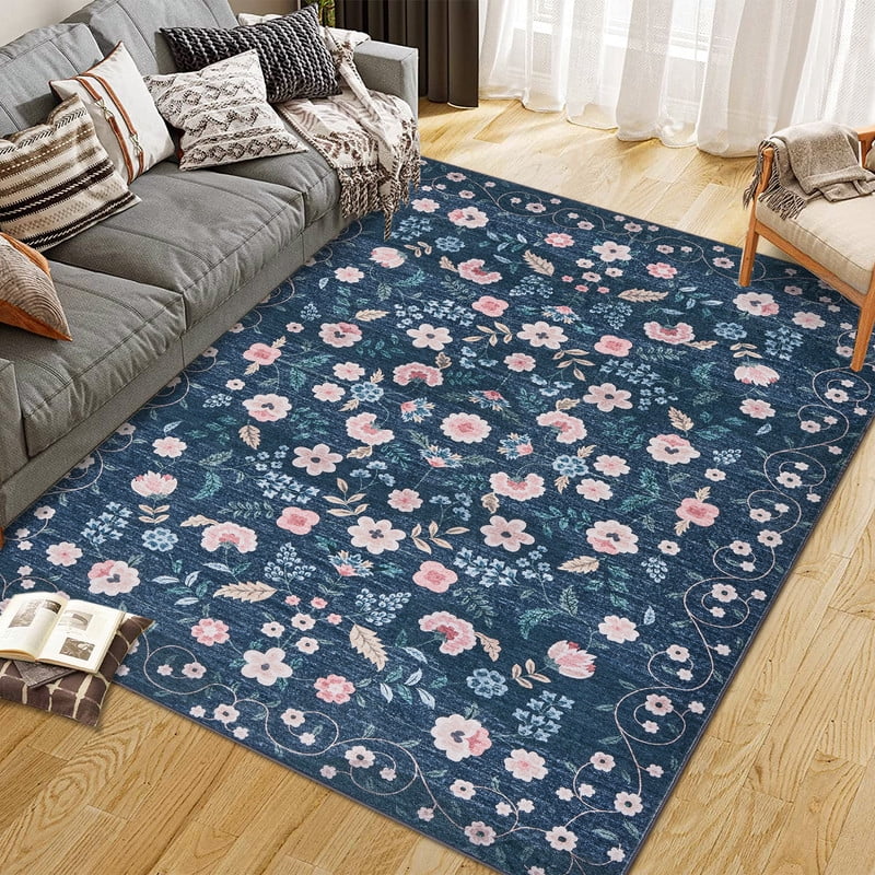 Area Rugs 10'x13' Washable Floral Rugs for Living Room Non Slip Low Pile Carpet for Office Bedroom Kids Room Bedside Black