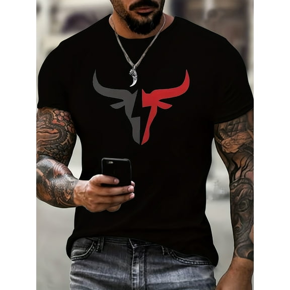 Men's Bull Graphic Print T-shirt, Casual Short Sleeve Crew Neck Tee, Men's Clothing For Summer Outdoor