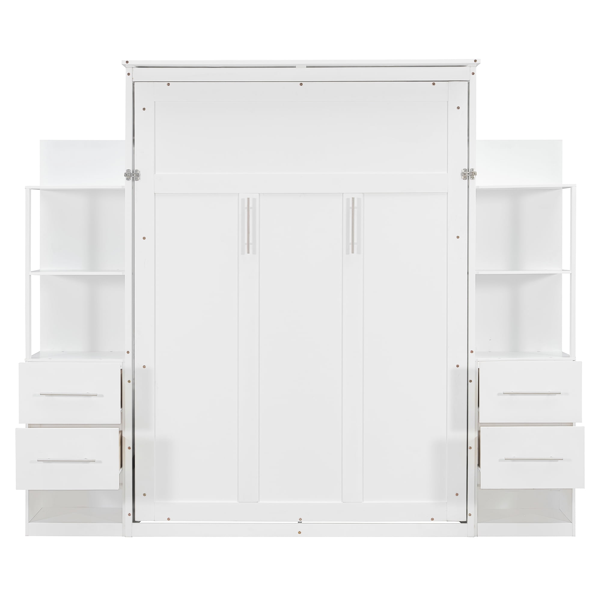Mintazer Full Size Murphy Wall Bed with Storage Shelves & Drawers, Folding Bed with LED Lights for Guest Room Home Office, White