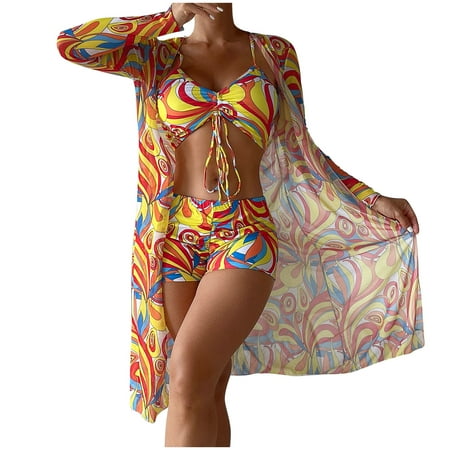 3 Piece Swimsuit Womens Graphic Bathing Suits Drawstring Bikini Set Long Sleeve Beach Cover Up Boy Shorts Swimwear (Medium  Yellow)