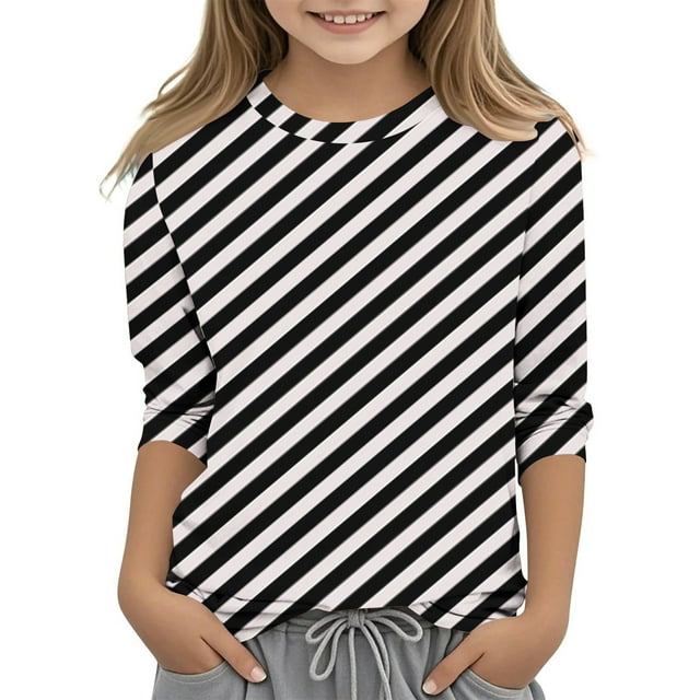 MeetoTime T-Shirt à Manches 3/4 Rayé Imprimé Col Rond Blouses Décontractées Amples pour Garçons Filles 3-12 Ans
