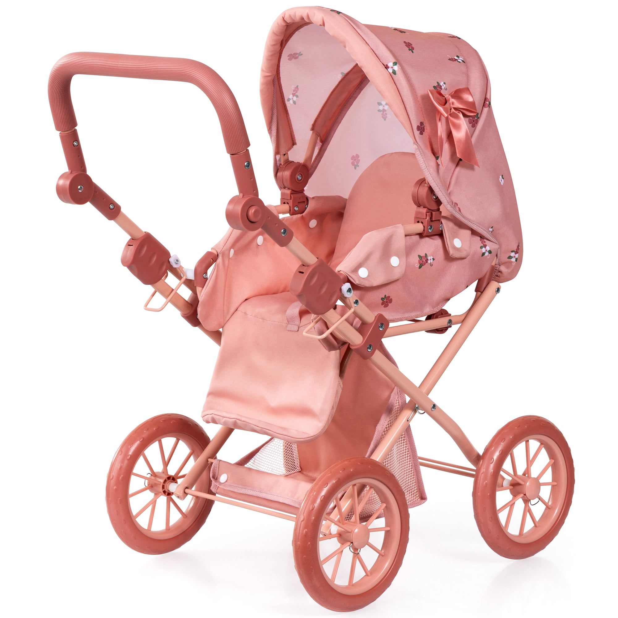 Bayer Design: Doll Pram City Star - Pink & Flowers - 2-In-1 Adjustable Pushchair & Stroller, Removable Carrycot, Handbag, Toy Fits 18" Dolls, Kids 3+