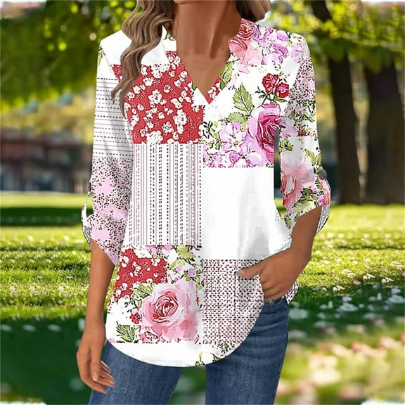 Craaazy Oversized Tshirts For Women Casual Printed V Neck Long Sleeve Shirt Floral Printed Top With Buttons Gifts