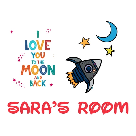 Personalized Name Rocket Ship Decor ArtWall Decal Decoration I love you to the Moon & back Adventurous Space Cartoon Rocket Decorating Ideas for Child's Bedroom Size: 20 In(W) x 16 In(H)