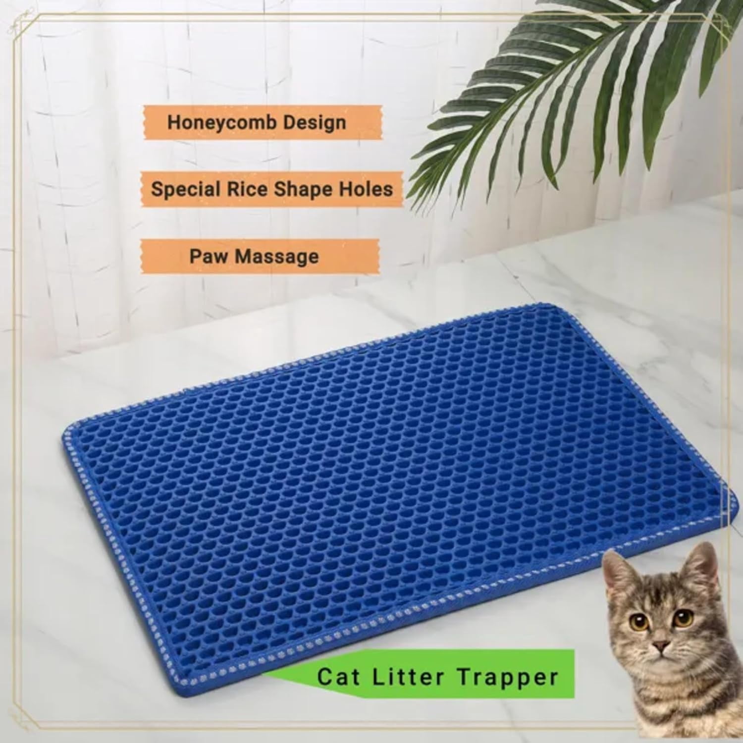 PUPIX Cat Litter Mat Double Layer Kitty Litter Trapping Mat Waterproof Urine Proof Easy Clean Scatter Control EVA Cat Mat with MiLi Shape Scratching Design 21 x 14 Inch (Blue)