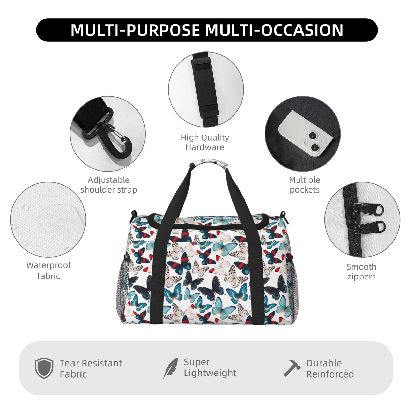Fuzoiu Butterfly Print Travel Duffle Bag,Carry On Tote Bags,Duffel Bag,Sport Gym Bag, Hospital Bag for Labor and Delivery, Overnight Bag,Luggage Bag