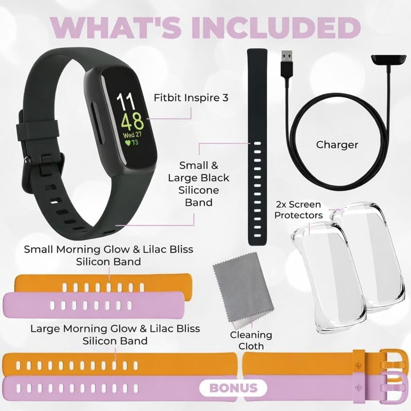 Fitbit Inspire 3 Health & Fitness Tracker Bundle - with Stress Management, Workout Intensity, Sleep Tracking, 24/7 Heart + 2 Silicone Bands, 2 Screen Protectors, Cleaning Cloth & Fast Charger
