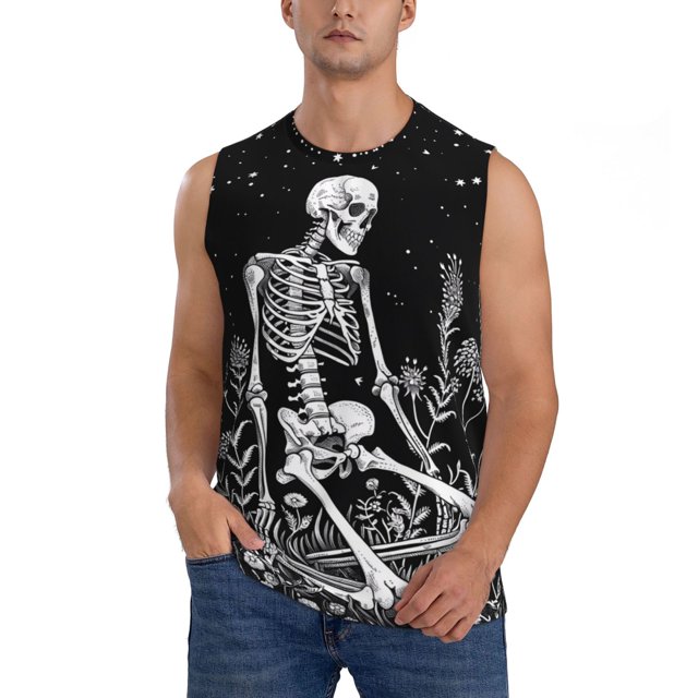 Fotbe Vintage Black white Plant skull Men's Camiseta sin Mangas Estampada para Hombres, Playera Casual para Gimnasio, Entrenamiento, Playa-3X-Large