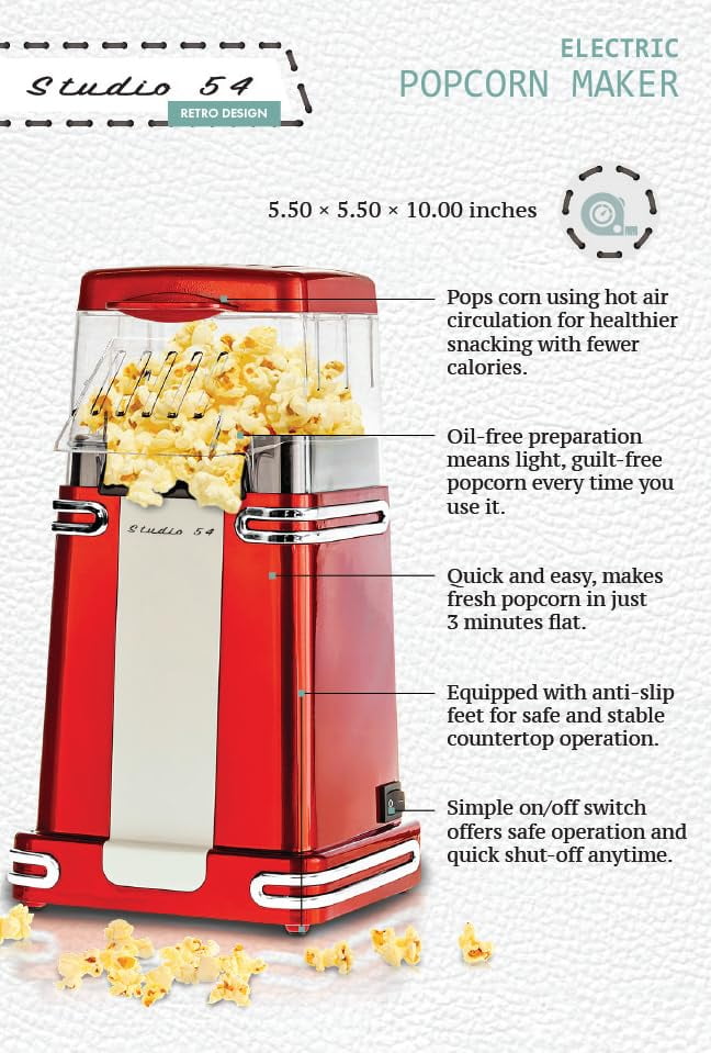 Studio 54 Retro Electric Popcorn Maker – Hot Air Popper, Oil-Free Mini Popcorn Machine with 8-Cup Capacity, 900W Air Popcorn Maker, Compact Countertop Design with Butter Melting Lid, Red
