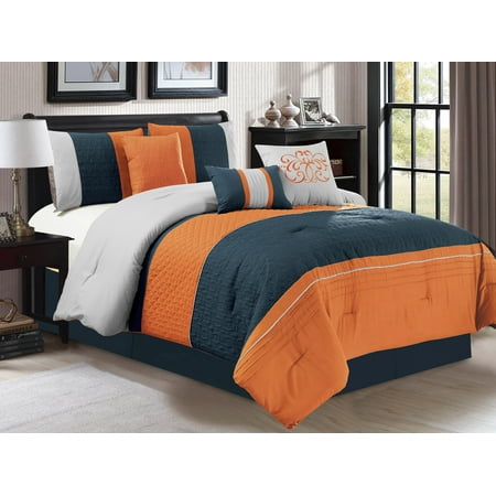 7 Pc Clamshell Trellis Scroll Embossed Pleated Striped Comforter
