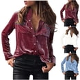 thumbnail image 3 of Feimerou Velvet Button Down Shirts for Women Vintage Long Sleeve Blouses Solid Color Soft Cozy Velour Dressy Casual Tops with Pockets, 3 of 5
