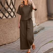 Two Piece Linen Sets for Women Short Sleece Solid Color Casual Tops Lightweight Outfits Lounge Drawstring Wide Legs Pants