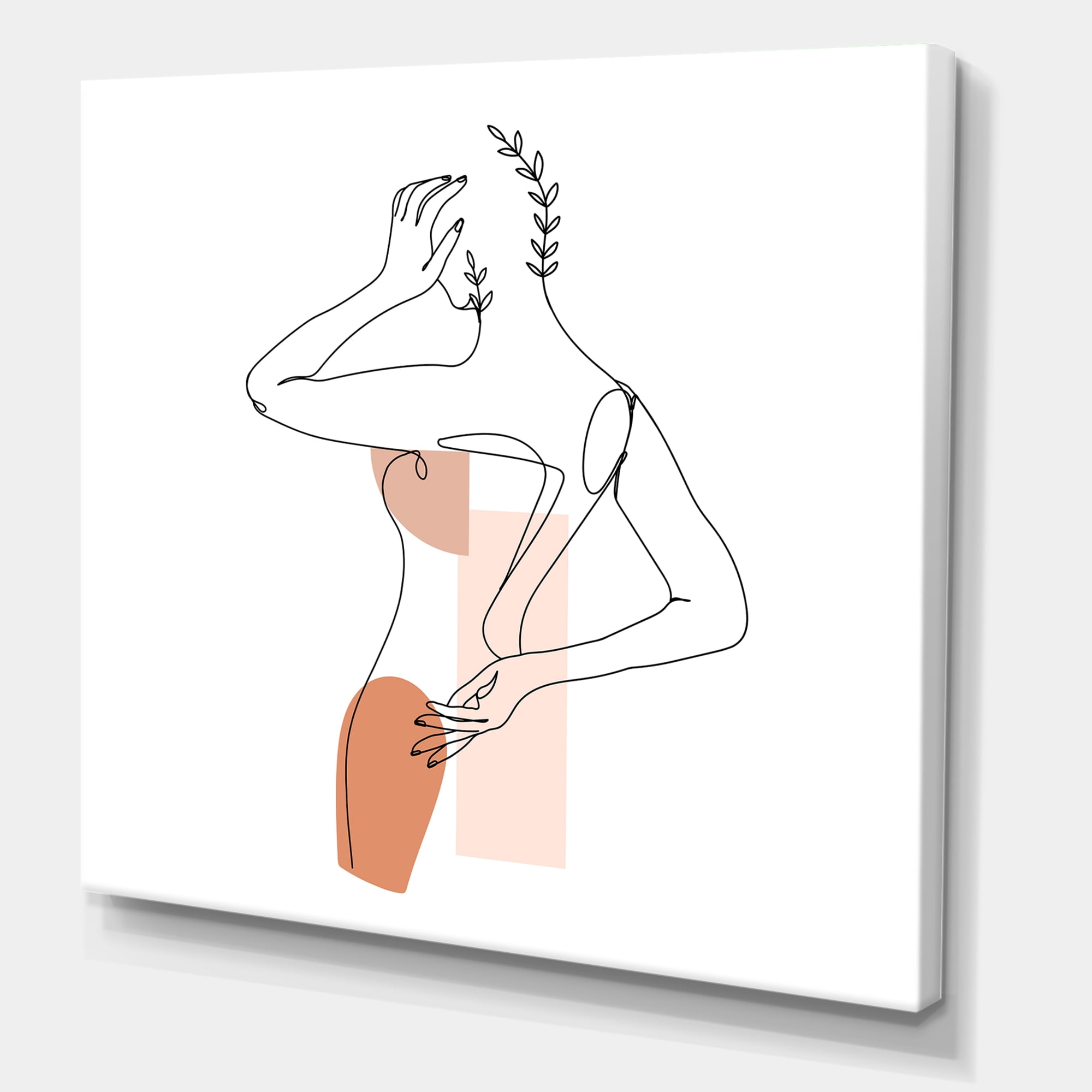 One Line Woman Portrait With Shapes and Leaves II 30 in x 30 in Painting Canvas Art Print, by Designart