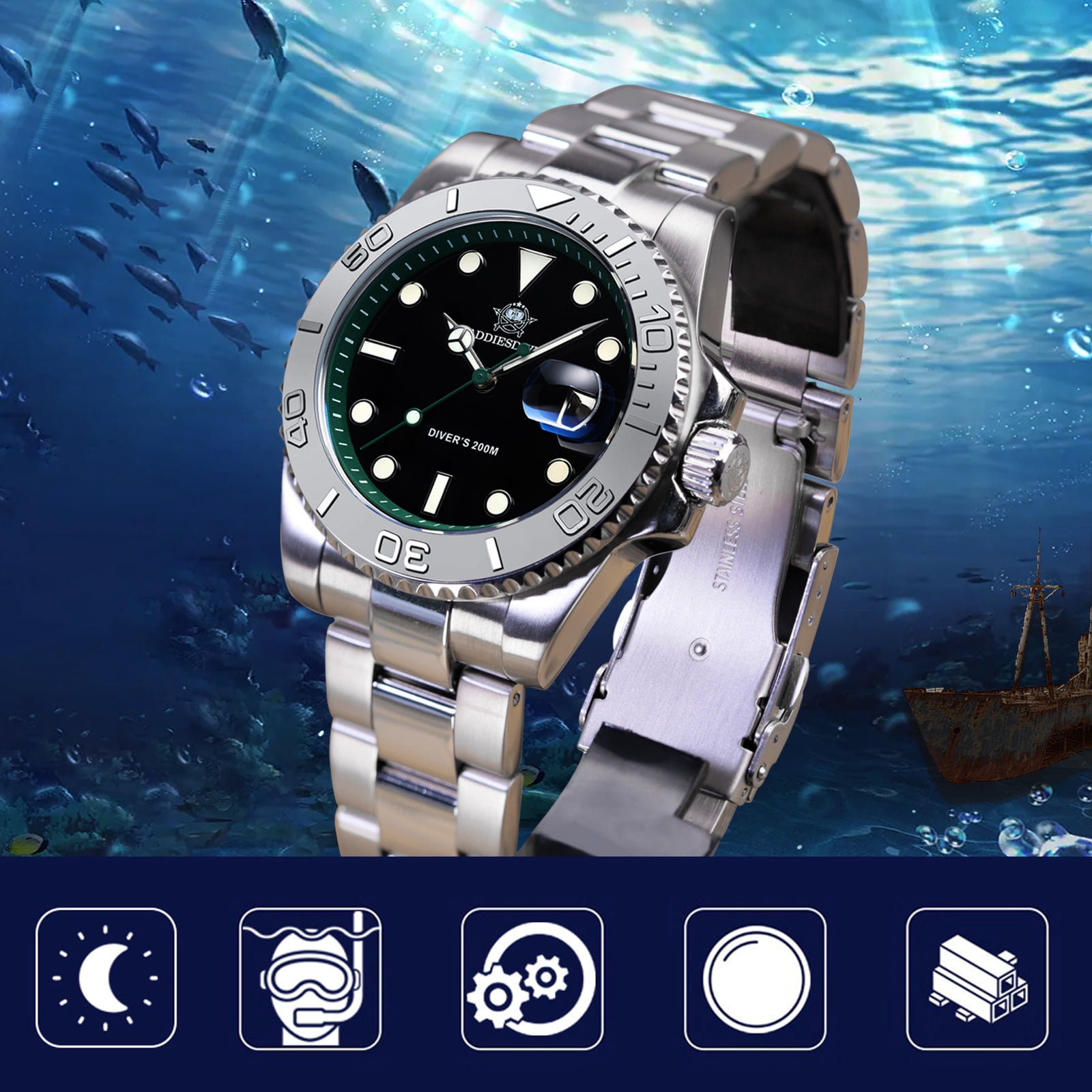 ADDIESDIVE Men’s Dive Watch 200m Waterproof - Japanese Quartz Movement, Stainless Steel with Ceramic Bezel & Super Luminous BGW9 Dive Watch for Men