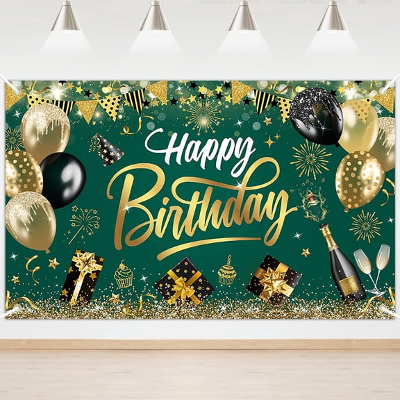 Green Happy Birthday Backdrop Glitter Happy Birthday Banner Party Decorations for Men Women 180*110cm