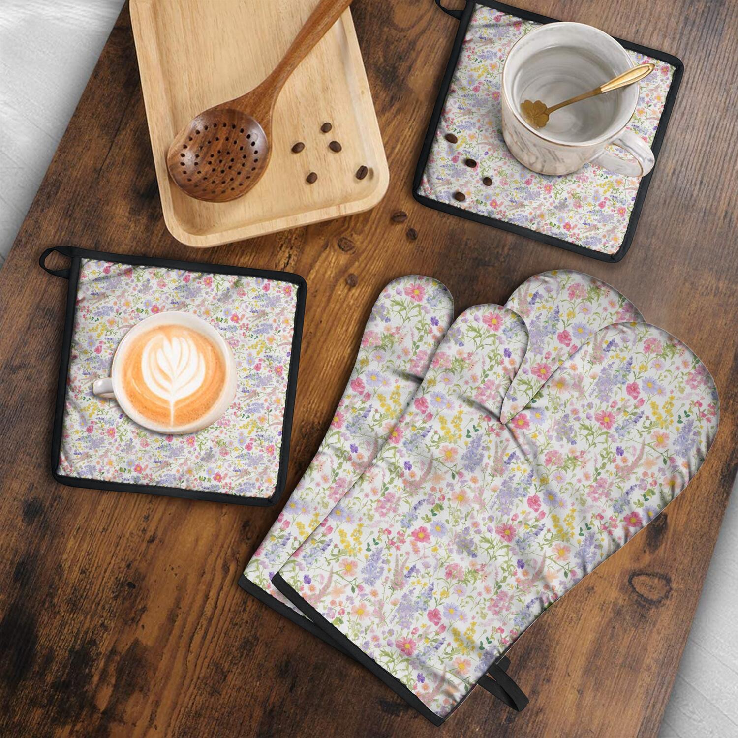 Floral Pattern Oven Mitts and Pot Holders Set Of 4, Heat Resistant Kitchen Gloves with Non-Slip Grip, Hanging Loop, Soft Cotton Lining for Baking, Cooking, Grilling, Barbecue