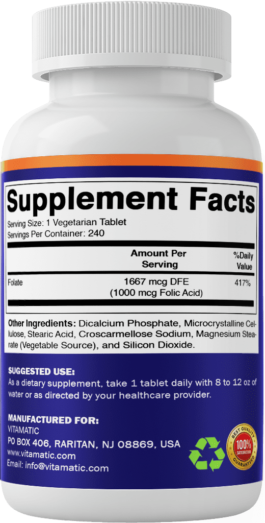 Vitamatic Folic Acid 1000 mcg (1 mg) - 240 Vegetarian Tablets - 1667 mcg DFE - Vitamin B9