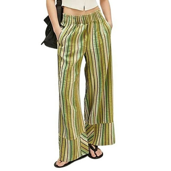Women'S Striped Pants High Waist Wide Leg Cotton and Linen Fashion Beach Elastic Waist Casual Flowing Pants Green S