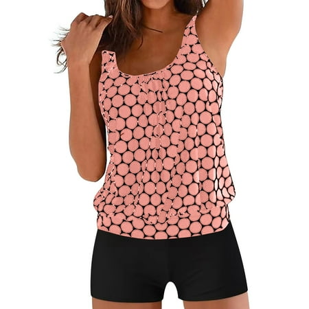 Winunum Women s Tankini Swimsuits Womens 2 Piece Swimsuits Bikini Up Two Swimsuits Vintage Swimsuit Two Ruched High Waist Print Bikini Set Plus Size Swimsuit Womens Swimsuits with Shorts Pink L