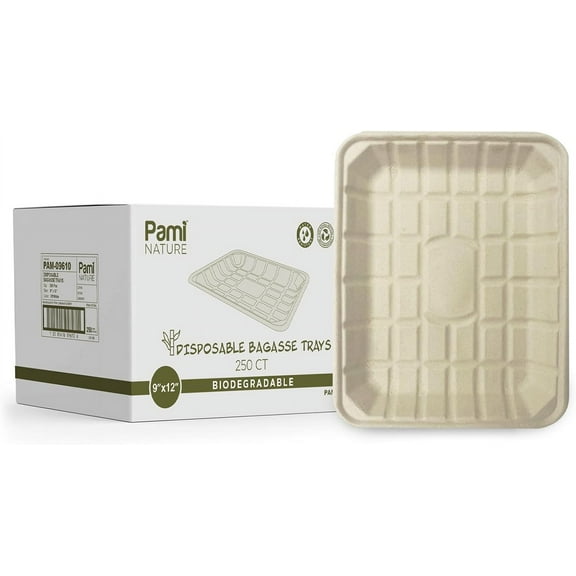 PAMI 9x12 Inch Biodegradable Bagasse Serving Trays, 250 pack – Heavy-Duty Compostable Paper Food Platters