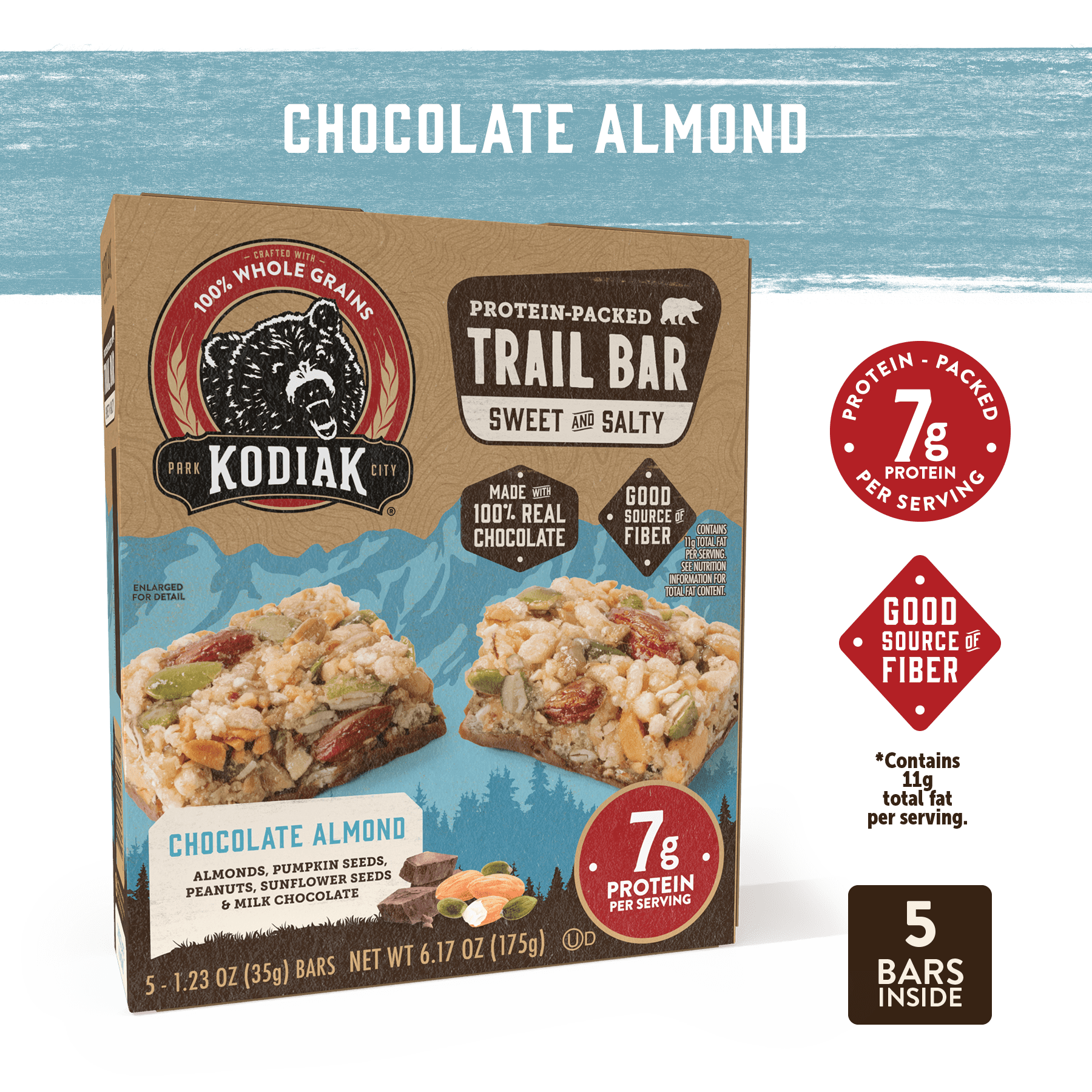 (6 pack) Kodiak Protein-Packed Chocolate Almond Trail Bars, 1.23 oz, 5 Count Cardboard Box