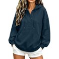 thumbnail image 3 of Feancey Women's Quarter Button Hoodie Sweatshirt Long Sleeve Drawstring Oversized Hoodies Lightweight Loose Fit Long Sleeve Hooded Pullover Tops with Kangaroo Pocket Navy L, 3 of 9