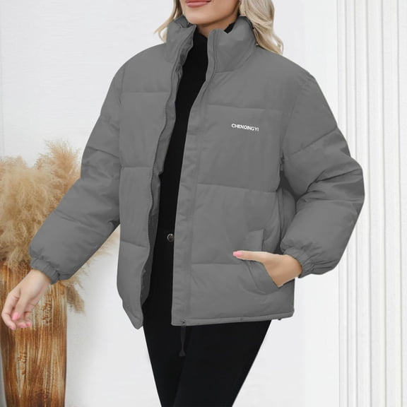 Lenago Winter Jackets For Women Quilted Lightweight Jackets Long Sleeve Cropped Cotton Padded Coat Jacket Solid Color Warm Thermal Outerwear Winter Essentials S-Xxl