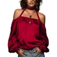 thumbnail image 2 of Uootdi Women's Blouses Halter Neck Cold Shoulder Long Sleeve Tops Romantic Lightweight Relaxed Blouses Gift, 2 of 4