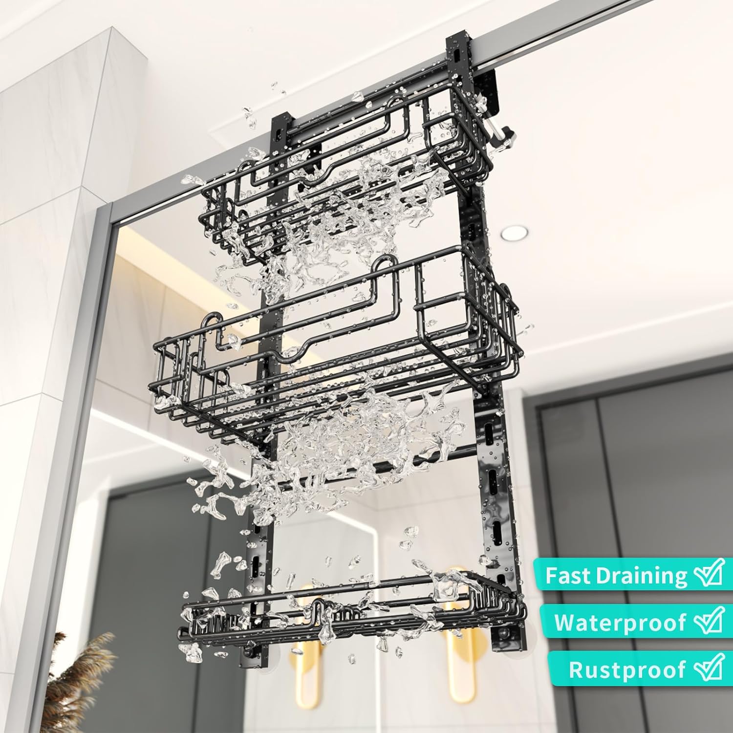 HapiRm 3 Tier Over the Door Shower Caddy, Hanging Shower Caddy with 16 Hooks and 2 Soap Holders, No Drilling Adjustable Hanging Bathroom Organizer - Black