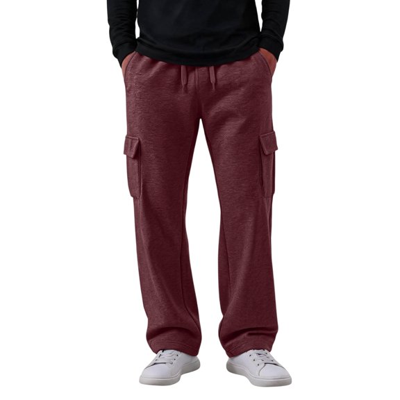 LRGSHF Mens Baggy Sweatpants Fleece Comfy Wide Leg Cargo Sweatpants with Pockets Casual Lounge High Waisted Cargo Pants Wine L