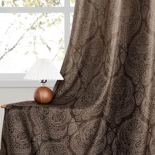 Hiasan Back Tab Ombre Blackout Curtains for Bedroom - 96 inches Length Elegant Damask Design Tieable Window Drapes Thermal Insulted Light Blocking Curtains for Living Room, 2 Panels, W52 x L96, Brown