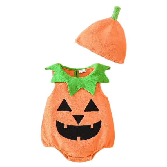 Halloween Pumpkin Costume,Jack O Lantern Pumpkin Onesie Romper Set,Plush Sleeveless Jumpsuit with Hat 2 Piece Outfit for Halloween Party,Size 160