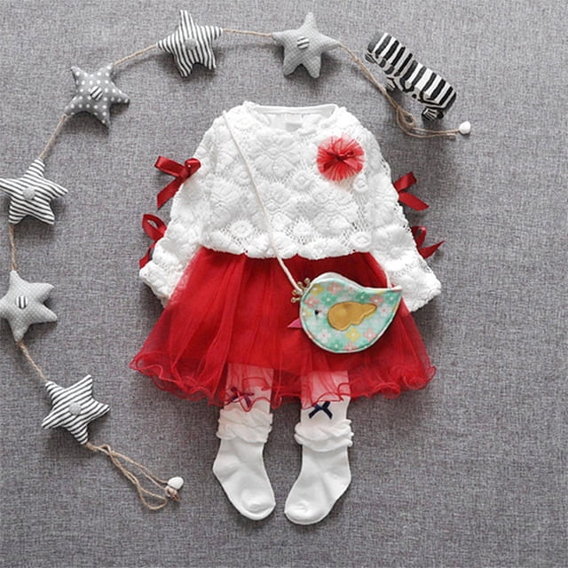 Traje De Bebé Cómodo Vestido De Princesa De Encaje Niña Manga Larga