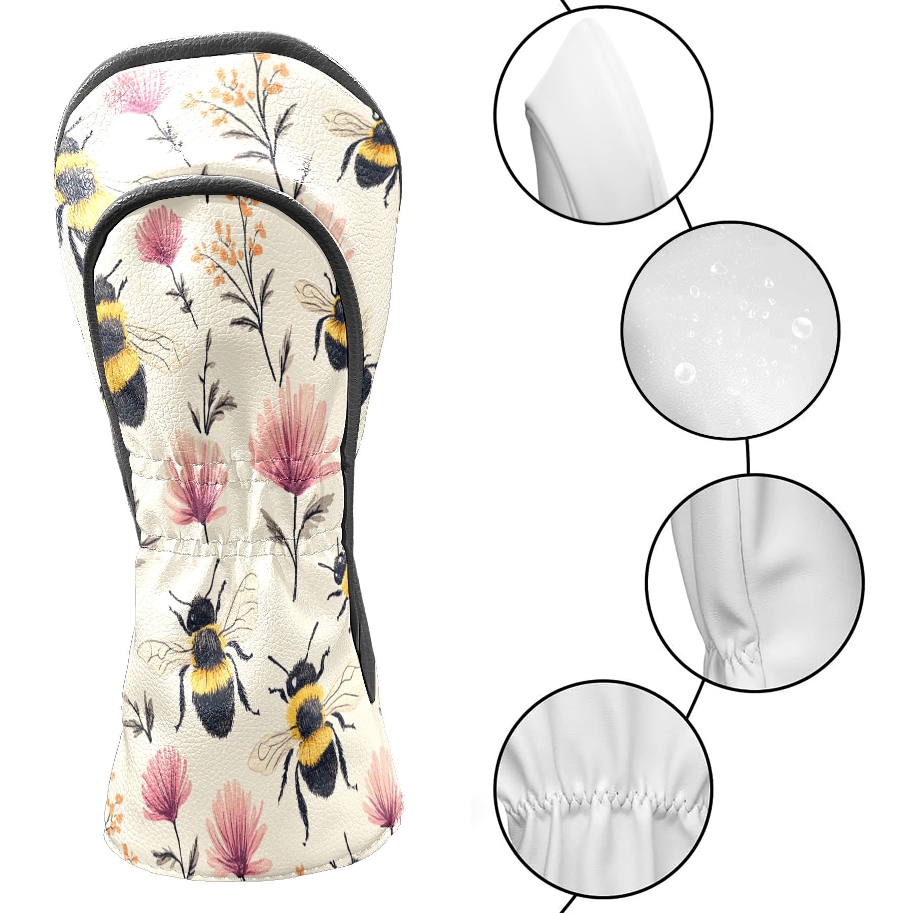 Golf Club Covers PU Leather Waterproof Head Covers for Fairway Woods Hybrids Bee Pattern Unisex Fits Most Brands