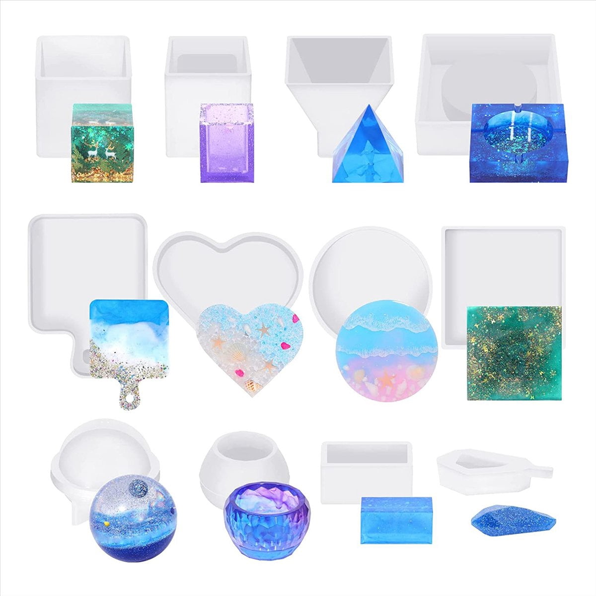 ckepdyeh Resin Molds Silicone Kit 12PCS, Epoxy Resin Molds, Resin Mold Including Pen Container, Tray, Love, Round resin molds