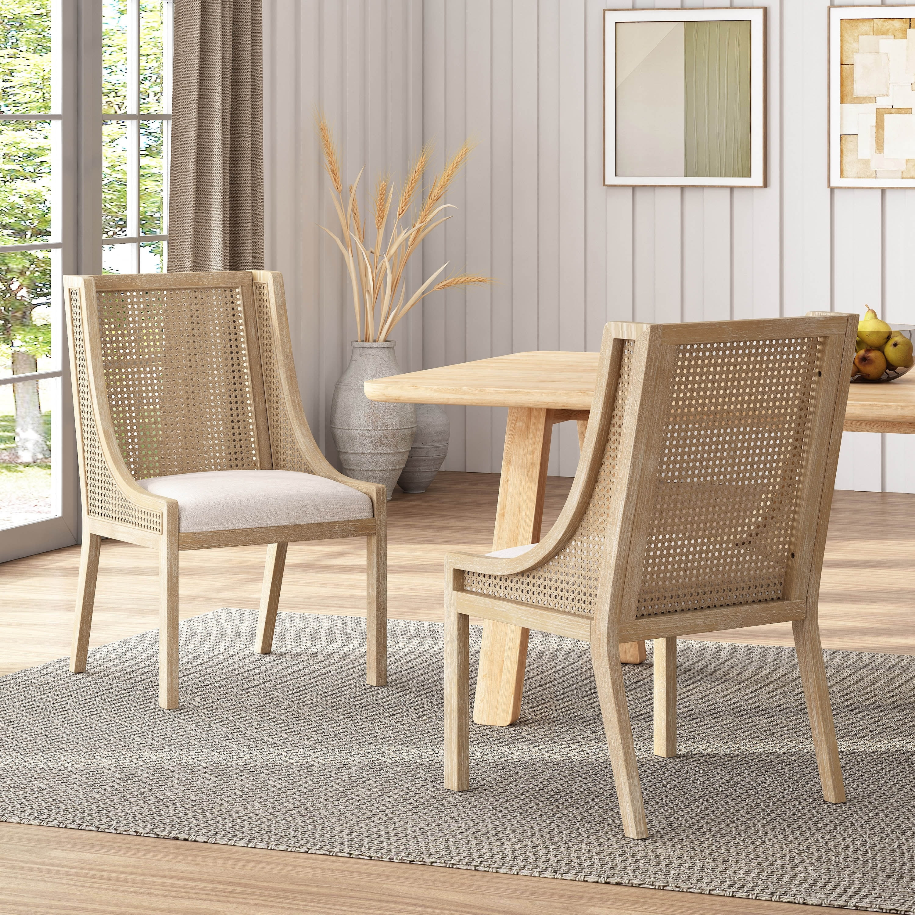 Christopher Knight Home Maurers Cane and Wood Upholstered Dining Chairs Set of 2 by Charcoal Natural