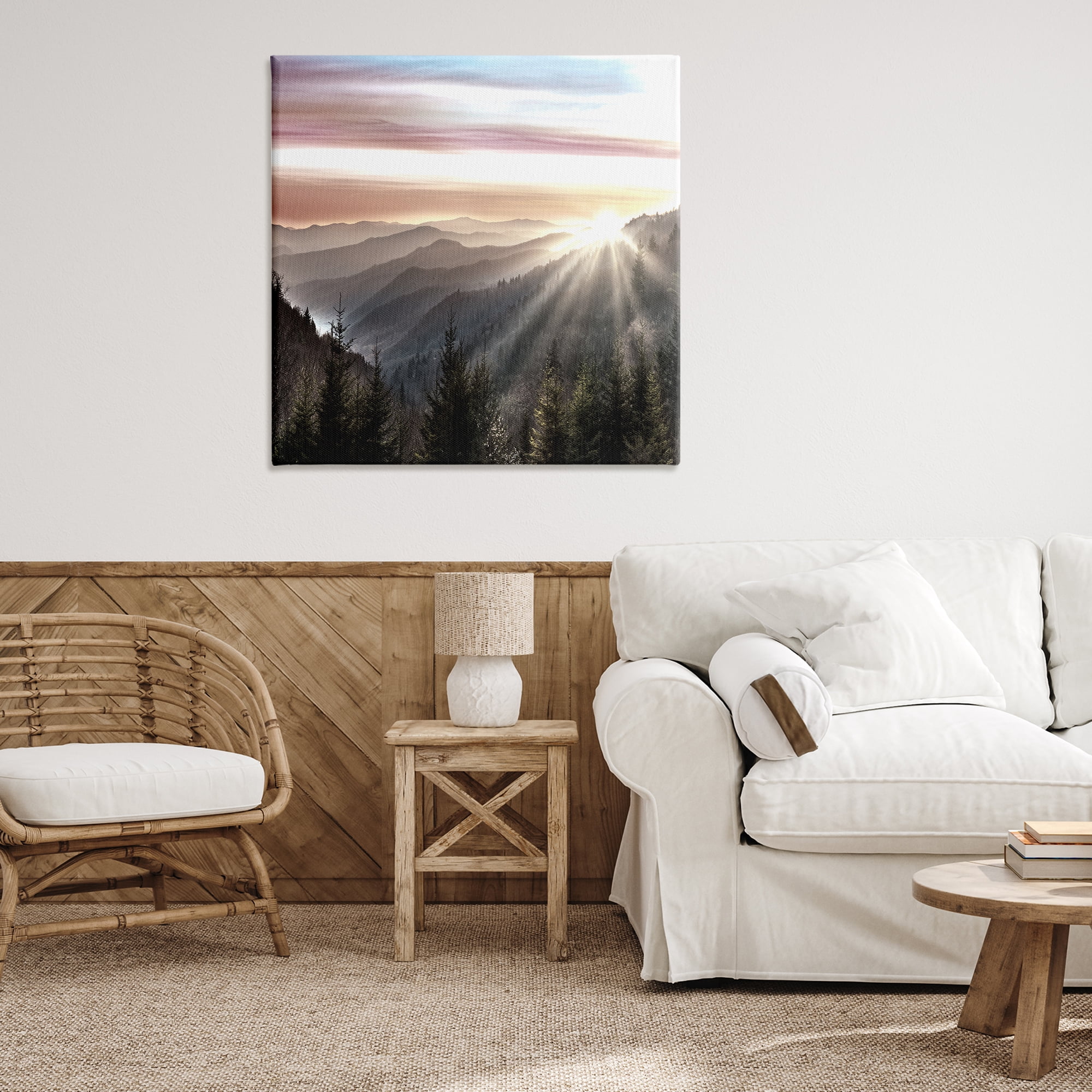 Stupell Industries Sun Rays Through Peaks Landscape & Nature Painting Wrapped Canvas Art Print Wall Art, 36 x 36