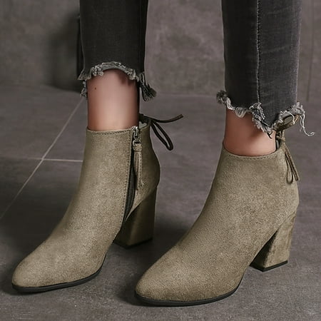 

Alueeu Women s Ankle Boots High Color Pointed Zipper Thick Boots Fashion Ankle Solid Women s Heel Suede women s boots