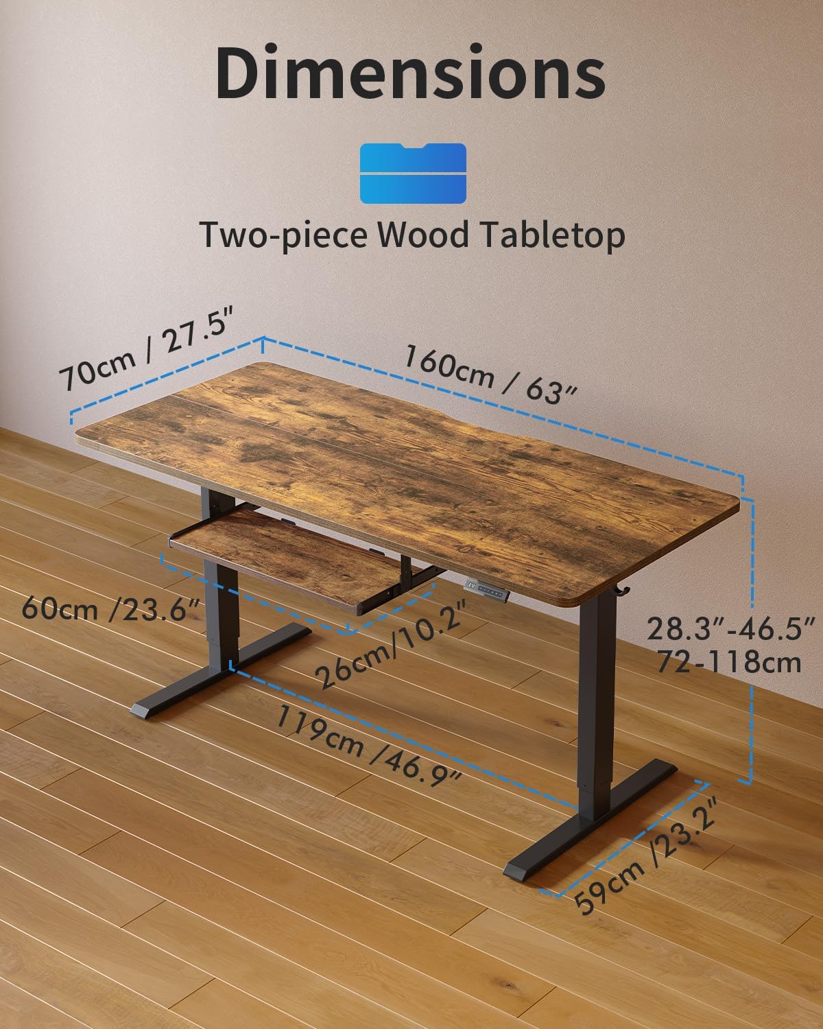 DESINO Standing Desk with Keyboard Tray, 63 x 24 inch Height Adjustable Electric Standing Desk, Sit Stand Up Desk, Computer Office Desk, Rustic Brown