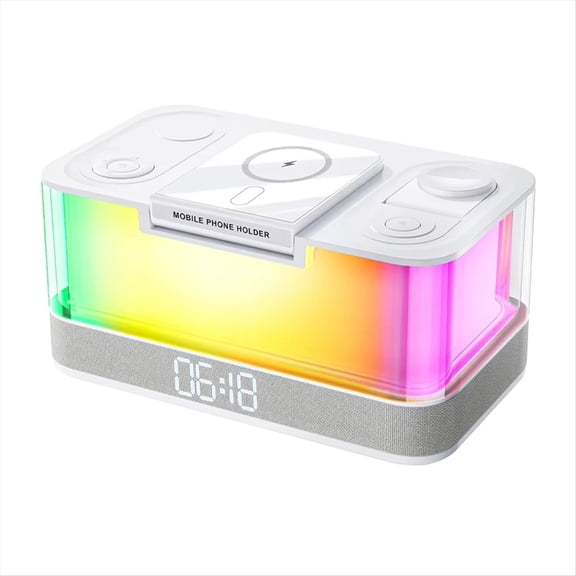 Multifunction Wireless Charger Pad Stand Speaker RGB Night Light 15W Fast Charging Station with Clock,1 x Bluetooth Speaker 1 x Charging cable,White