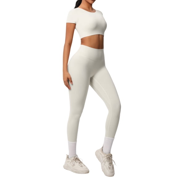 Telankuip 2 Piece Yoga Sets for Women Solid Color Stretchy Breathable Yoga Running Gym Fitness Short Sleeve Crop Top with High Waist Leggings Two Piece Workout Outfits White XL